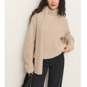 Reformation Spence Wheat Beige Detachable Scarf Sweater S NEW Ribbed Knit Crew